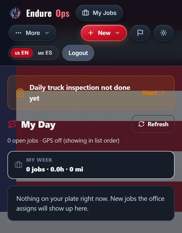 EndureOps tech view on a phone — My Day job list with daily truck inspection